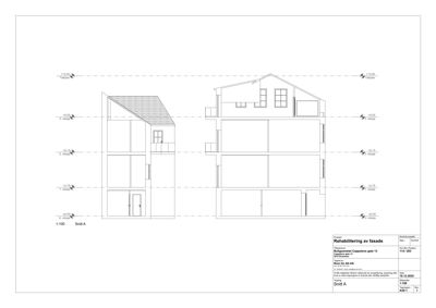 Snittegning (Snitt A) som viser bygningens tverrsnitt, etasjer og høydemål.