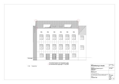 Fasadetegning av et bygg sett fra foran, med merking av 'Fasade Ser' og 'Forenklet fasade mot Cappelenes gate'.