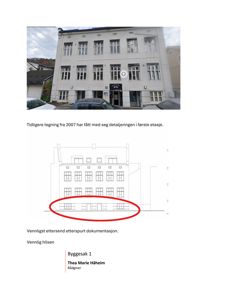 Bildet viser en fasadetegning av et bygg, med en markering (rød sirkel) som peker på detaljeringsnivået i første etasje.
