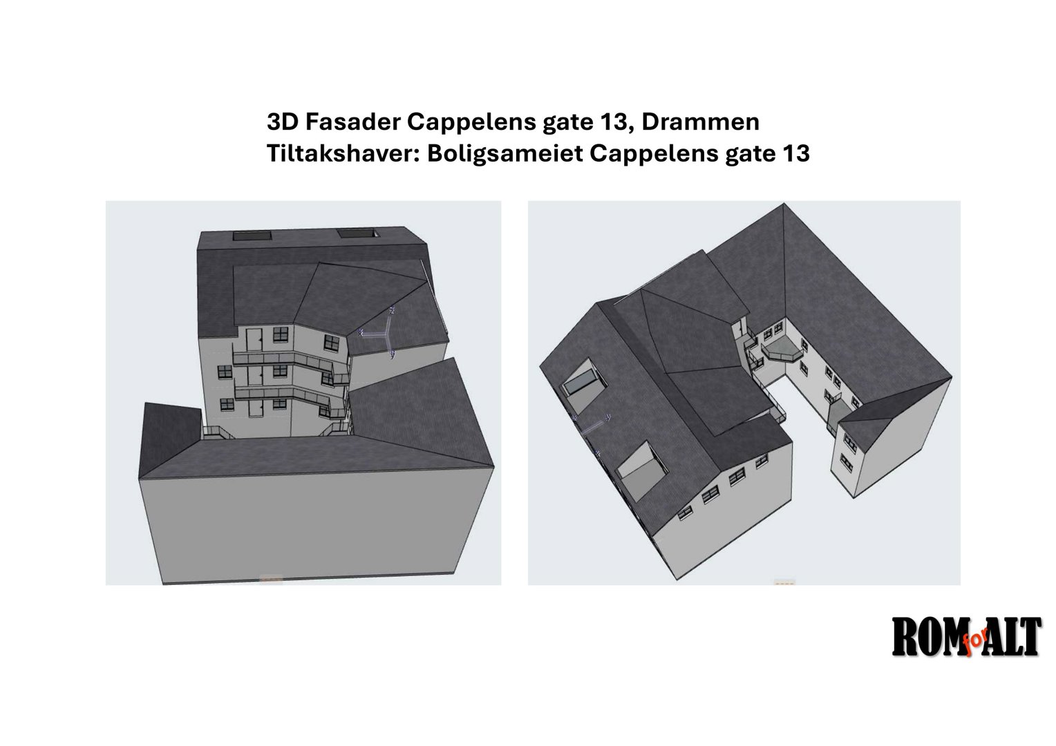 3D-visualisering av en bygning sett fra ulike vinkler, med overskrift '3D Fasader Cappelens gate 13, Drammen'.