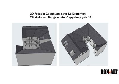 3D-visualisering av en bygning sett fra ulike vinkler, med overskrift '3D Fasader Cappelens gate 13, Drammen'.