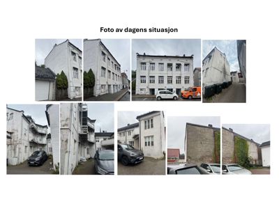 En samling fotografier som viser dagens situasjon for en bygning, inkludert fasader og omgivelser.