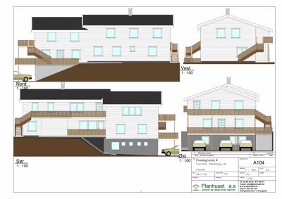 Fasadetegning som viser bygningens utseende fra alle fire sider (Nord, Sør, Øst, Vest) med detaljer om trapper, balkonger og takform.