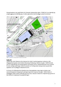 Situasjonsplan som viser tomt, bygninger, parkeringsarealer og tilknyttede veier.