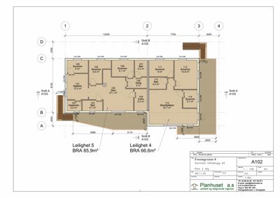Etasjeplan (Plan 2 etg) som viser romfordeling, arealer og dimensjoner for to leiligheter i et flerboligbygg.