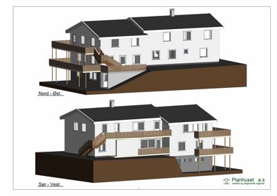 Fasadetegning som viser bygningens utseende fra to ulike vinkler (Nord-Øst og Sør-Vest).