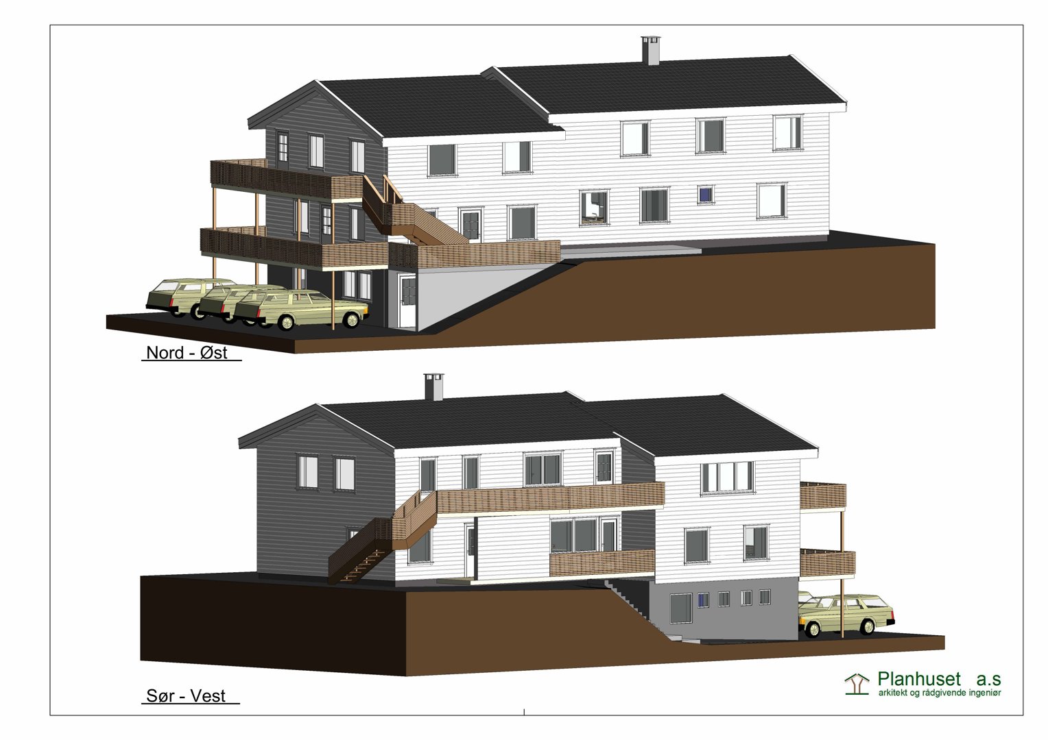Fasadetegning (opprikk) som viser bygningens utseende fra to ulike vinkler (Nord-Øst og Sør-Vest), inkludert terrengforhold og parkeringsplass.