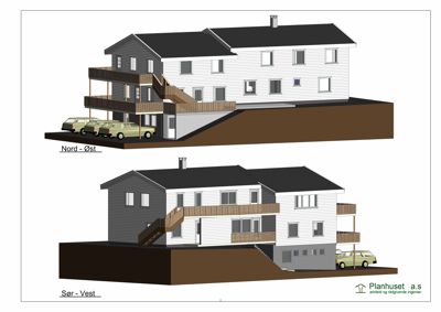 Fasadetegning (opprikk) som viser bygningens utseende fra to ulike vinkler (Nord-Øst og Sør-Vest), inkludert terrengforhold og parkeringsplass.
