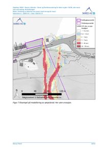 Kart som viser modellering av snøskredfare (sørpeskred) med hastighetsfarger og topografi.