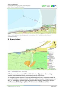Bildet viser to kart som er brukt i en geoteknisk vurderingsrapport. Øvre kartet er et norgeskart som viser dybde på sjøen, og nedre kartet er et løsmassekart som viser terrengforhold og geologiske lag i området.
