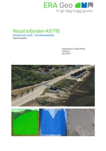 Et dokument med overskrift 'Geoteknisk notat - Områdestabilitet' som viser en flyfoto eller satellittbilde av et område med bygninger og veier, samt mindre tekniske diagrammer nederst.