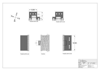 Fasadetegning som viser bygningens utseende fra alle fire sider (øst, vest, syd, nord) samt et overhovedsutsnitt.