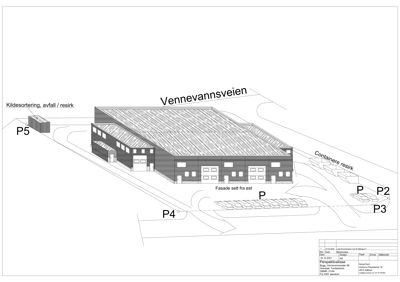 Fasadetegning som viser bygningens utseende sett fra øst, inkludert parkeringsplasser og omgivelsene.