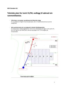 Situasjonsplan som viser tomtens grenser, plassering av bygning (A1-F), og anlegg for vann, avløp, el og bredbånd.