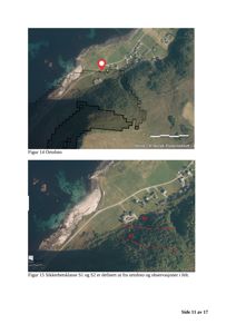 Bildet viser ortofoto (flyfoto) av et kystlandskap med overlagte sikkerhetsklasser (S1, S2) og en markert posisjon. Det er en kartvisuell fremstilling av et område.