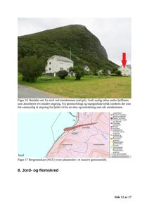 Bildet viser en berggrunnskart (NGU) som viser planarealet i et massivt gneisområde, samt et fotografi av eiendommen med en beskrivende tekst.