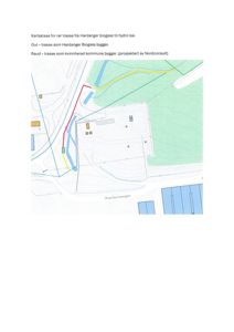 Kartskisse som viser rørråser for Hardanger Biogass til hydro kai, med fargemerkede traser og omgivende infrastruktur.