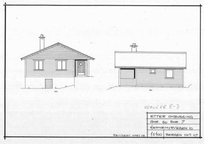 Fasadetegning som viser bygningens utseende fra to sider (vest og øst) etter ombygging.