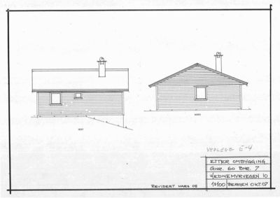 Fasadetegning som viser bygningens utseende fra vest og nord.