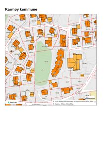 Kart over Karmøy kommune som viser eiendomsnummer, vegnavn og topografi.