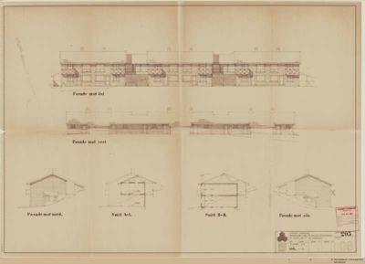 Bildet viser en tegning med fasadeopprikk (mot øst, vest, nord og sør) og snittegninger (A-A og B-B) for en bygning.