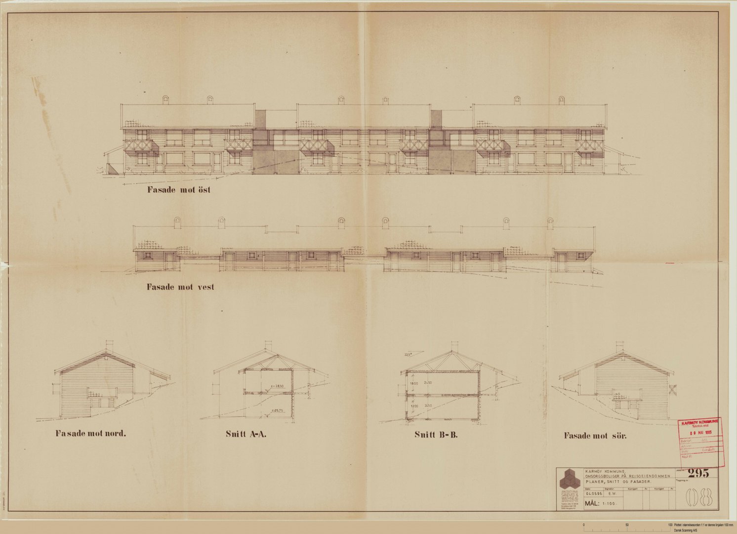 Bildet viser en tegning med fasadeopprikk (mot øst, vest, nord og sør) og snittegninger (A-A og B-B) for en bygning.
