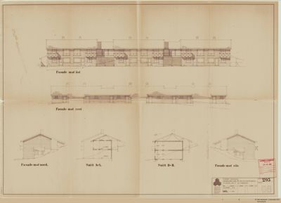 Bildet viser en tegning med fasadeopprikk (mot øst, vest, nord og sør) og snittegninger (A-A og B-B) for en bygning.