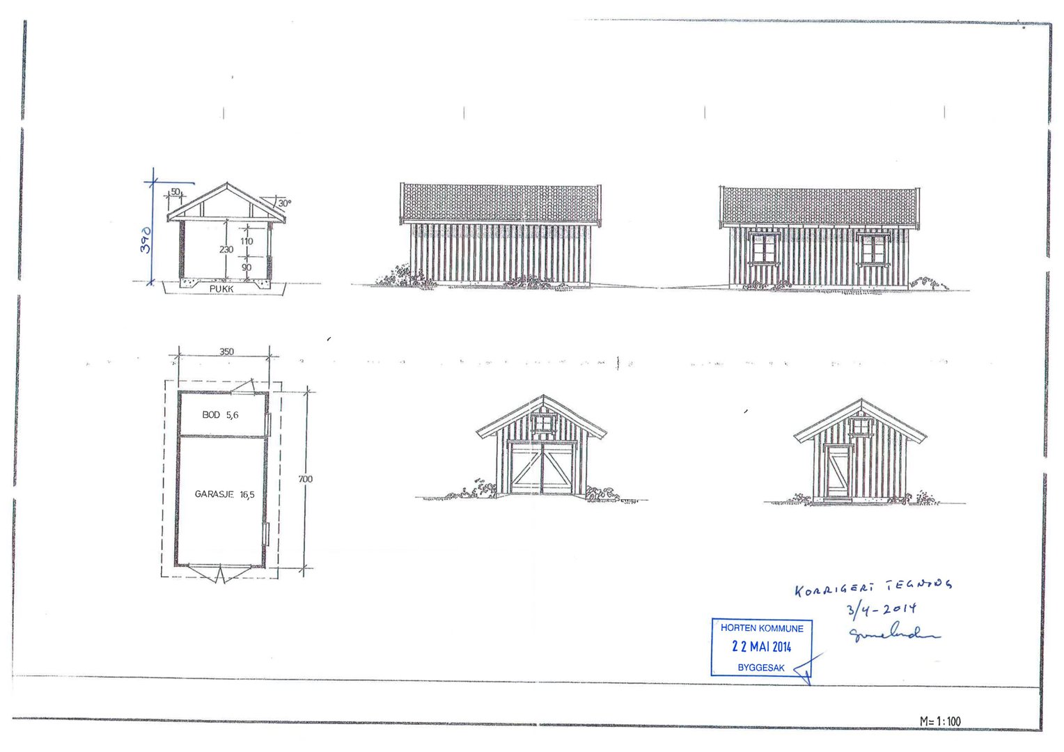 Fasadetegning av en garasje med oppriss fra fire ulike vinkler (front, side, og to perspektiviske utsnitt).