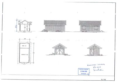 Fasadetegning av en garasje med oppriss fra fire ulike vinkler (front, side, og to perspektiviske utsnitt).