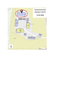 Et digitalt kart (kanskje fra et kommunalt system) som viser eiendomsnummer 124/15 i Tynset kommune, med en markert bygning på 200 m².