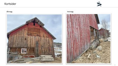 Fotografier av en rød, trepanelt bygning (buer) under eller etter utbedring. Bildene viser øst- og vestvegg.