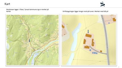 Bildet viser to kart som illustrerer lokalisering av Nordmoen (venstre) og driftsbygningen på tunet (høyre).