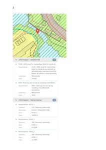 Et digitalt kart med arealformål og hensynssoner (fargekodet) for en tomt, samt en liste over detaljerte data om sonearealer.