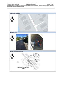 Bildet viser en side fra et dokument (Registreringsinstruks) som inneholder oversikt over kummer. Det er tre deler: et kart, to fotografier av en vei og innsiden av en kum, samt en teknisk tegning/skisse.