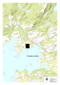 Situasjonskart som viser topografi, vannmasser og infrastruktur i området, med en markert 'Omsøkte område' (søknadsområde) og en nordpil.