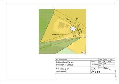 Situasjonsplan som viser tomtens form, grenser, nabolag og plassering av ny garasje.