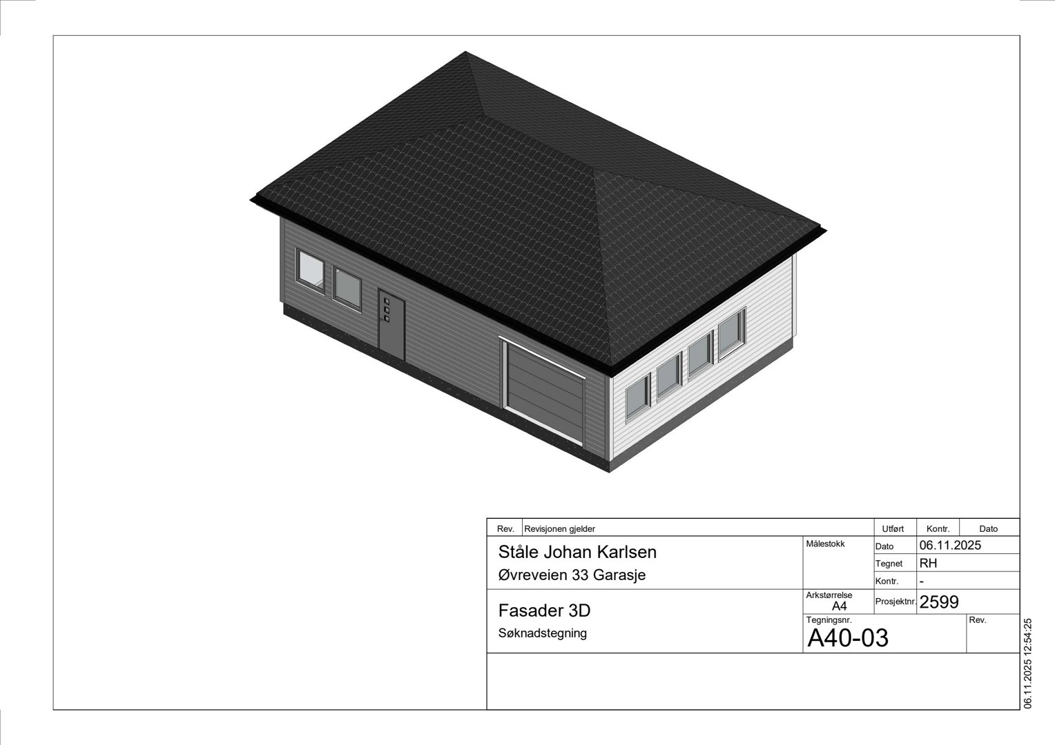 3D-visualisering (rendering) av en garasje sett fra en vinkel som viser fasade og tak.