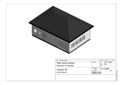 3D-visualisering (rendering) av en garasje sett fra en vinkel som viser fasade og tak.