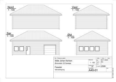 Fasadetegning som viser bygningens utseende fra alle fire sider (Nord, Vest, Sør, Øst) med takform og vindusoppsett.
