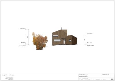 Fasadetegning som viser bygningens utside med mål og høydeangivelser.