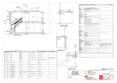 Byggetegning som viser snittegninger (Snitt A-A, B-B, C-C, D-D) og en materialliste for en bygning.