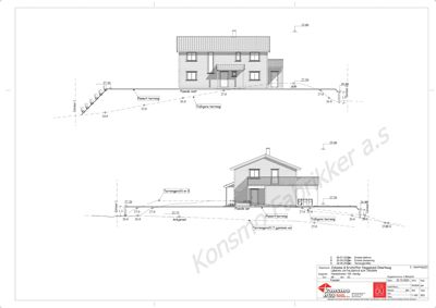 Fasadetegning som viser bygningens utseende fra to ulike vinkler (vest og sør) med angitte høyder og terrengforhold.