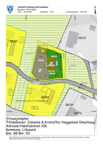 Situasjonsplan som viser tomtens plassering i forhold til naboer, veier og arealbruk.