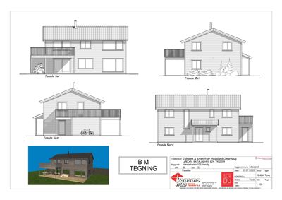 Fasadetegninger som viser bygningens utseende fra fire sider (Sør, Øst, Vest, Nord) samt en 3D-rendering.