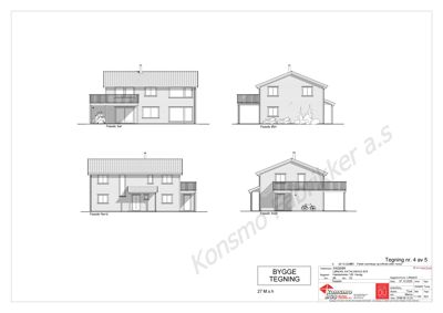 Fasadetegning som viser bygningens utseende fra fire ulike vinkler (Sør, Øst, Nord, Vest).