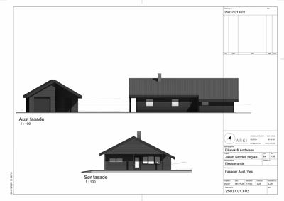 Fasadetegning som viser 'Aust fasade' og 'Sør fasade' av en bygning.