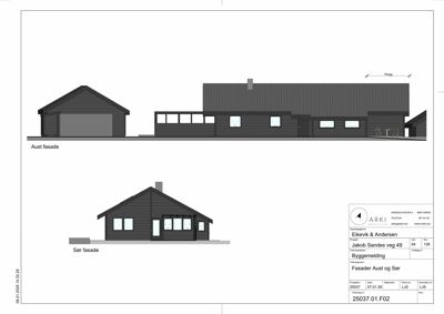 Fasadetegning som viser oppriss av bygningens øst- og sørfasade.