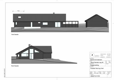 Fasadetegning som viser Vest- og Nordfasade for en bygning.