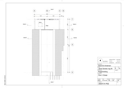Snittegning (Snitt 1) som viser bygningens tverrsnitt, inkludert etasjer, høyder og konstruksjonsdetaljer.