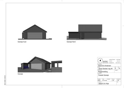 Fasadetegning som viser tre utsnitt av en garasje (Aust, Nord og generelt), inkludert arkitektoniske detaljer som takform, materialer og inngang.